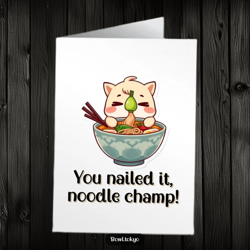 Funny Free Printable Congratulations Card: A ramen bowl character intensely balancing a green onion, celebrating a big win.