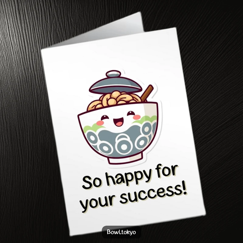 Funny Free Printable Congratulations Card: A ramen bowl character with its lid ajar, joyfully peeking out to celebrate.