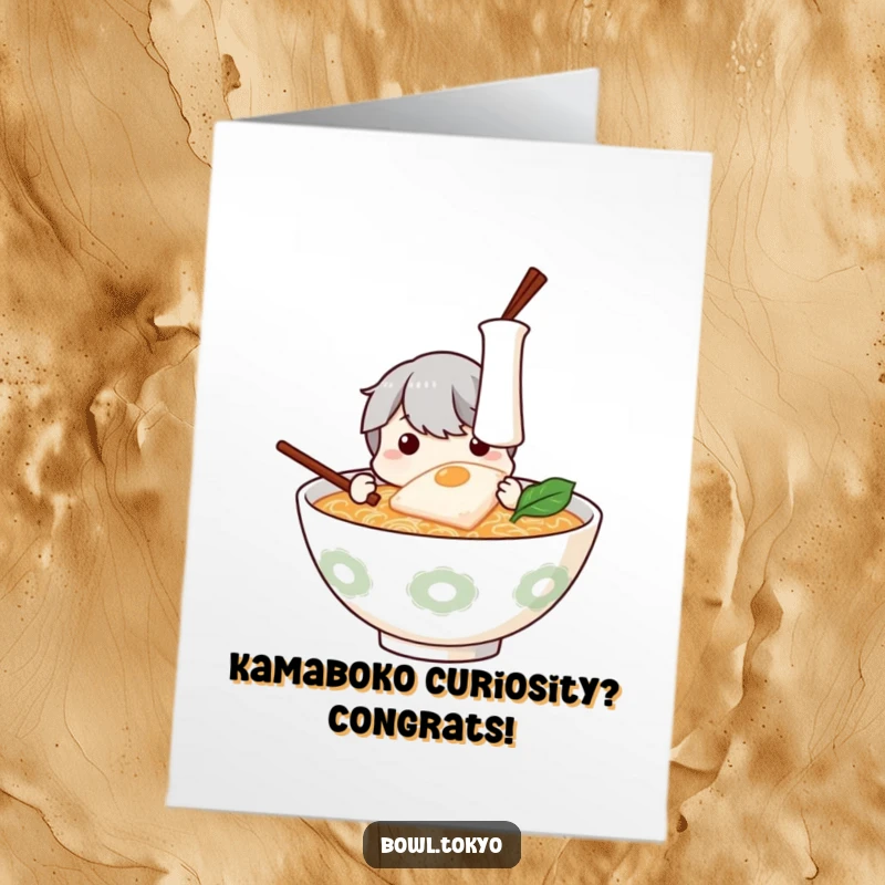 Funny Free Printable ramen bowl card, examining floating kamaboko, celebrating a discovery, humorous downloadable congratulations greeting.