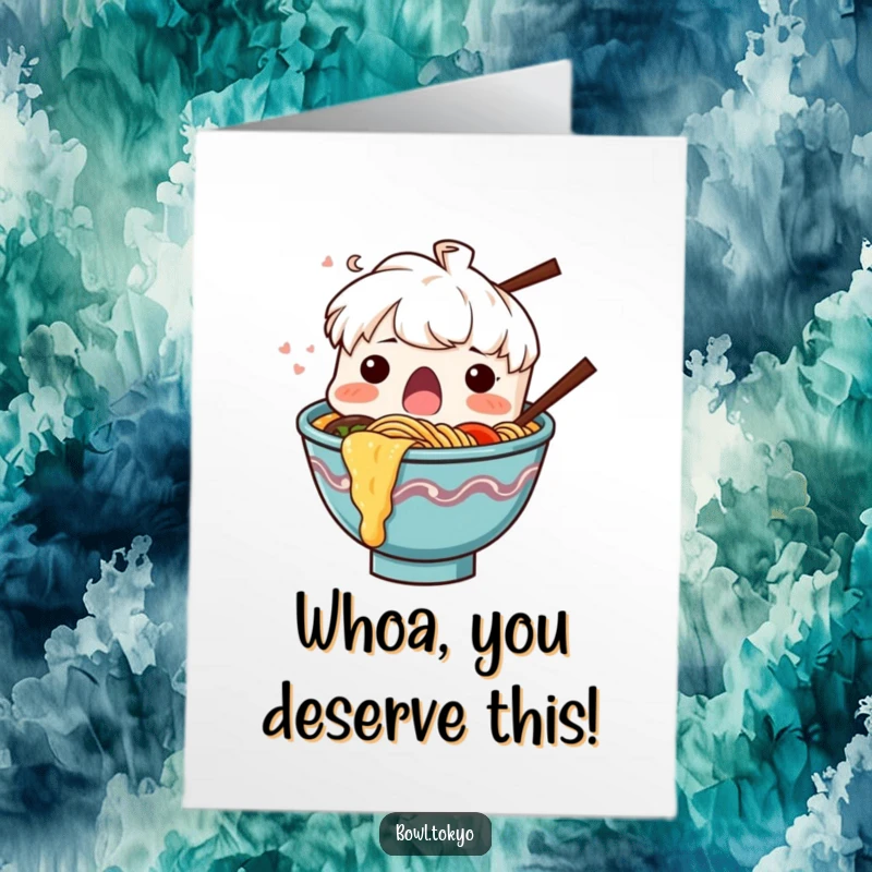Funny Free Printable Congratulations Card: Surprised ramen bowl character with noodles splashing out, celebrating success wildly.