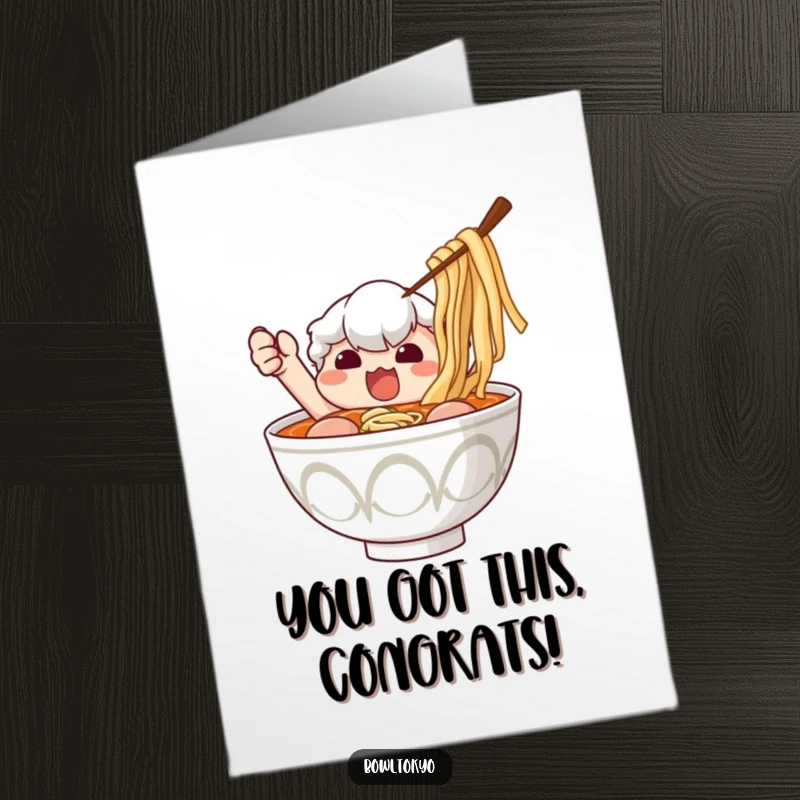Funny Free Printable ramen bowl card, determinedly grabbing nori, celebrating a huge achievement, hilarious downloadable congratulations greeting.