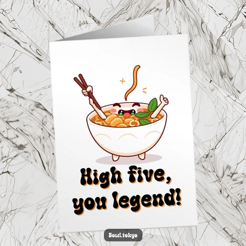 Funny free printable congratulations card of a ramen bowl character using chopstick arms to deliver a playful high-five.