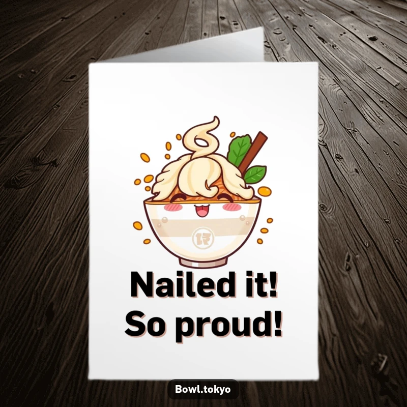 Free Printable Congratulations Card: Happy ramen bowl character with a bursting flavor cloud, celebrating success with joy.