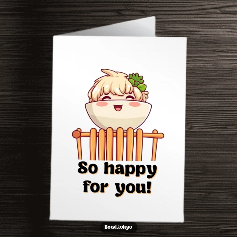 Free Printable Congratulations Card: A ramen bowl character joyfully peeking over a wall of chopsticks in celebration.