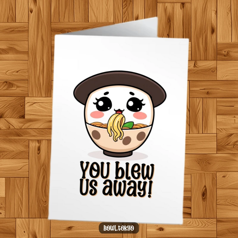 Free Printable Congratulations Card: A ramen bowl character with a silly expression blowing a noodle bubble in celebration.