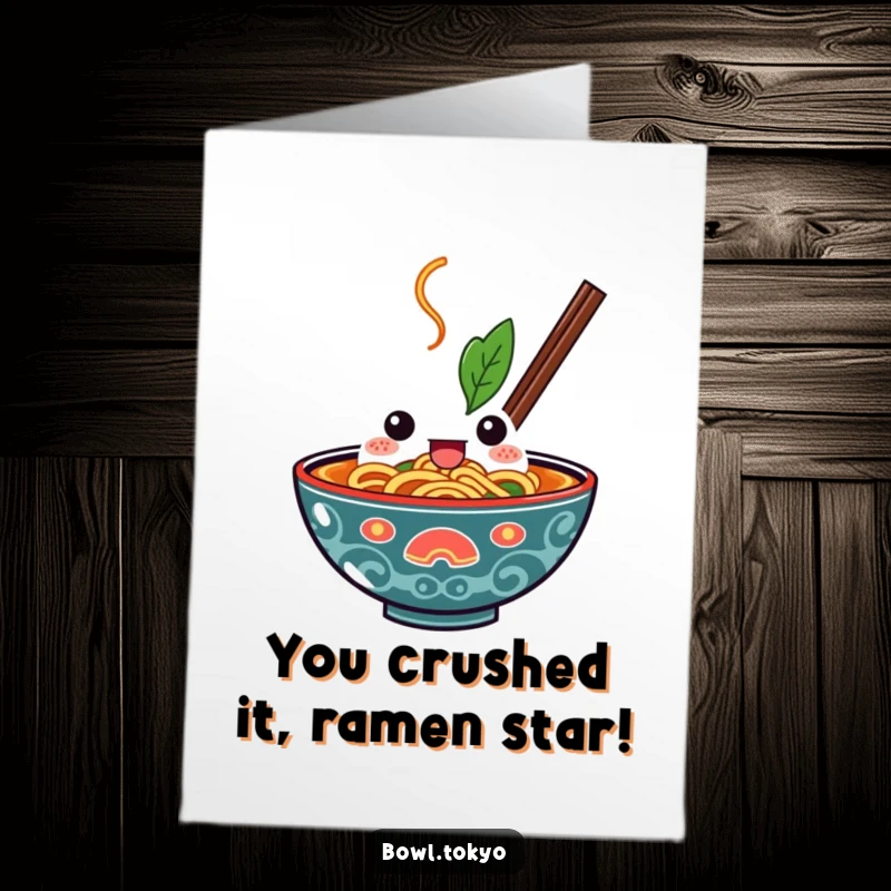 Funny Free Printable Congratulations Card: A kawaii ramen bowl with a determined expression, poised to dive in.