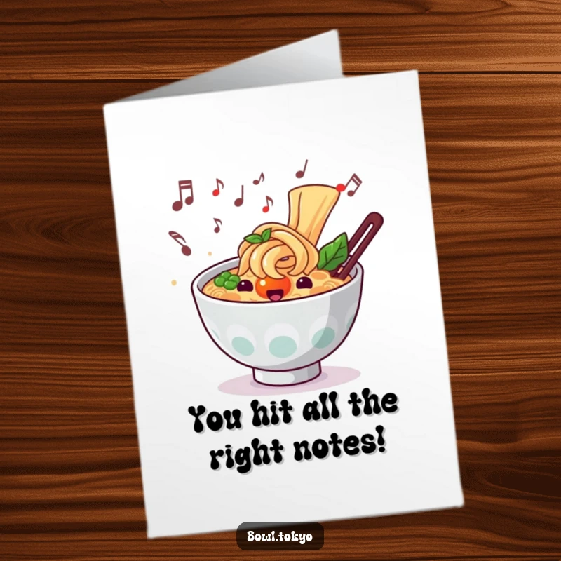 Funny Free Printable Congratulations Card: A ramen bowl character with musical notes, celebrating your fantastic achievement.