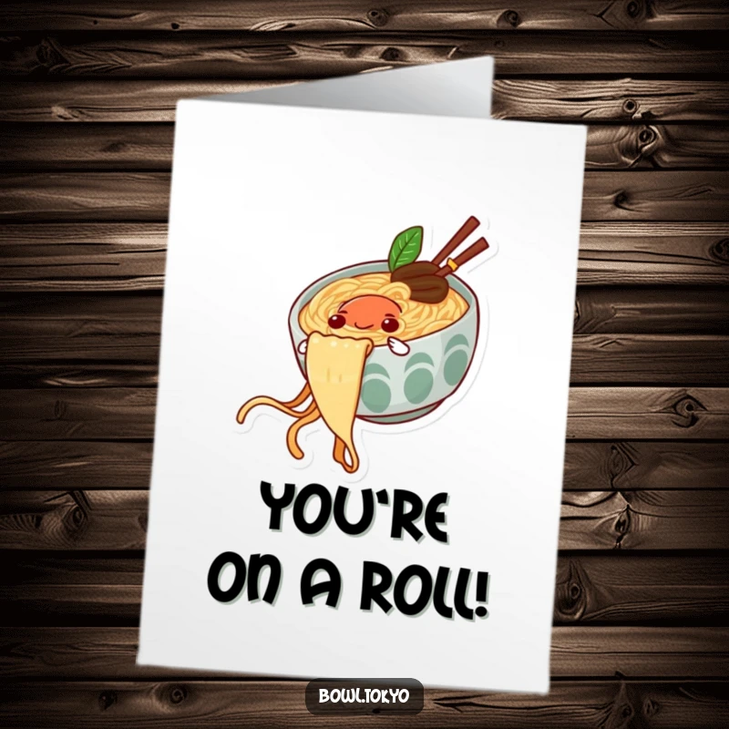 Funny Free Printable Congratulations Card of a happy ramen bowl character sliding down a noodle string.