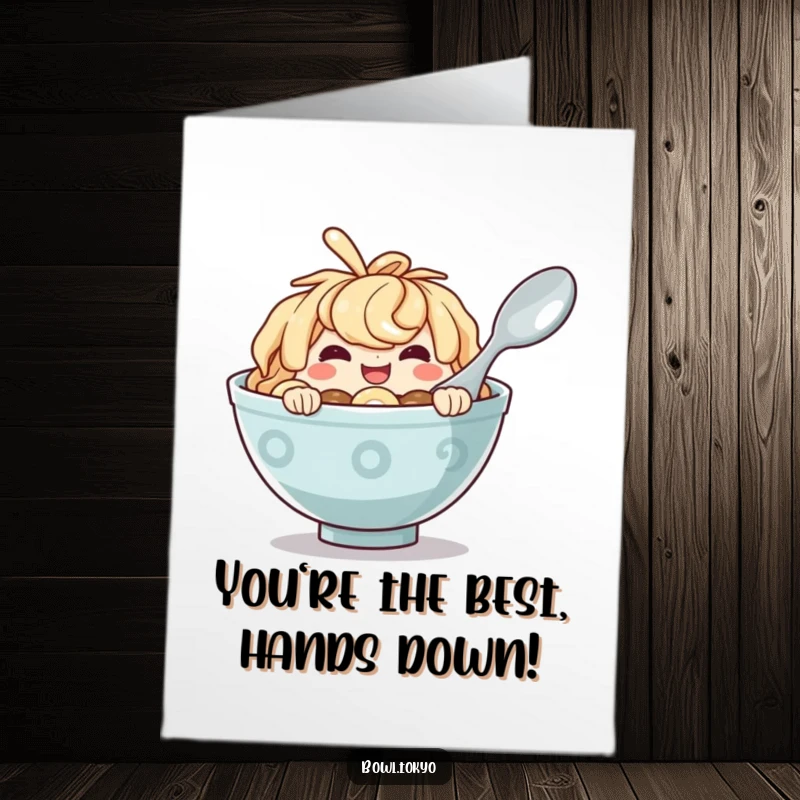 Funny Free Printable Congratulations Card: A mischievous ramen bowl character peeking with a cheeky grin from behind a giant spoon.