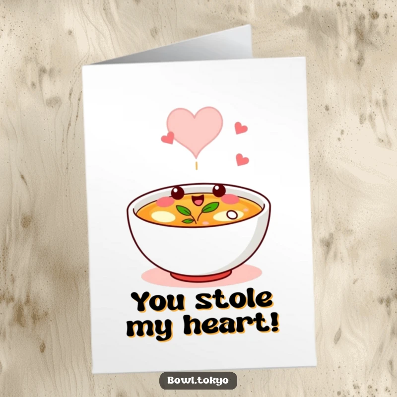 Funny Free Printable Congratulations Card of a broth bowl character winking, steam forming a heart.