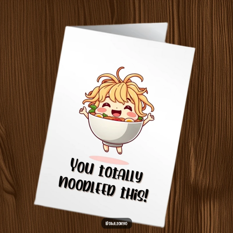 Funny free printable congratulations card of a ramen bowl character with noodle hair, dancing happily to celebrate a big achievement.