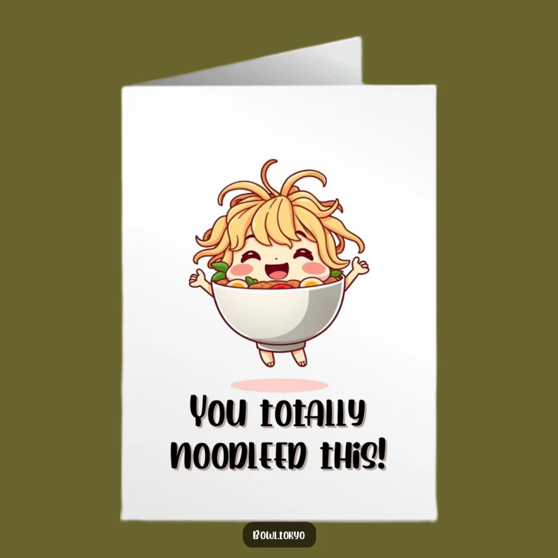 Free Printable Congrats Card: Happy Dancing Ramen Bowl, Noodle Hair, Downloadable Success Celebration