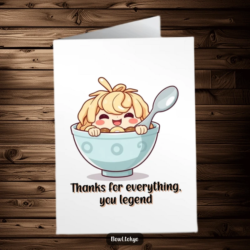 Funny Free Printable Thank You Card: A mischievous ramen bowl character peeking with a cheeky grin behind a spoon, saying thanks.