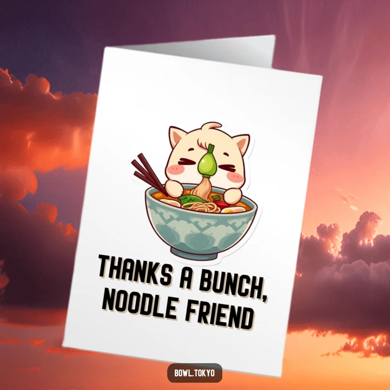 Funny Free Printable Thank You Card: A ramen bowl character balancing a green onion, showing gratitude with focus.