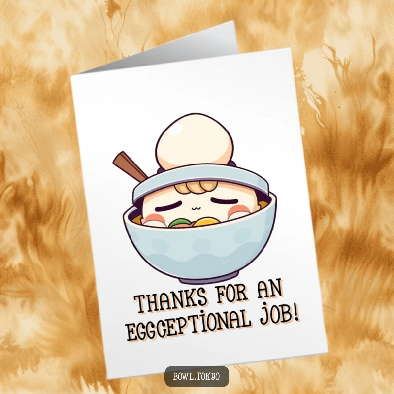 Funny Free Printable ramen bowl card, wearing an egg hat, looking sleepy, expressing thanks, humorous downloadable thank you note.