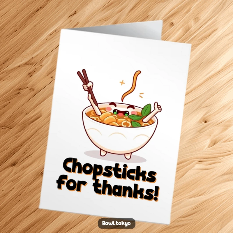 Funny free printable thank you card of a ramen bowl character with chopstick arms, offering a friendly playful high-five.