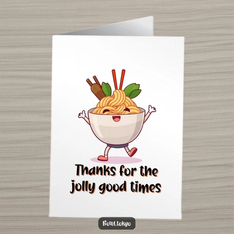 Funny Free Printable Thank You Card: A happy ramen bowl character doing a jolly shuffle, dancing its thanks.