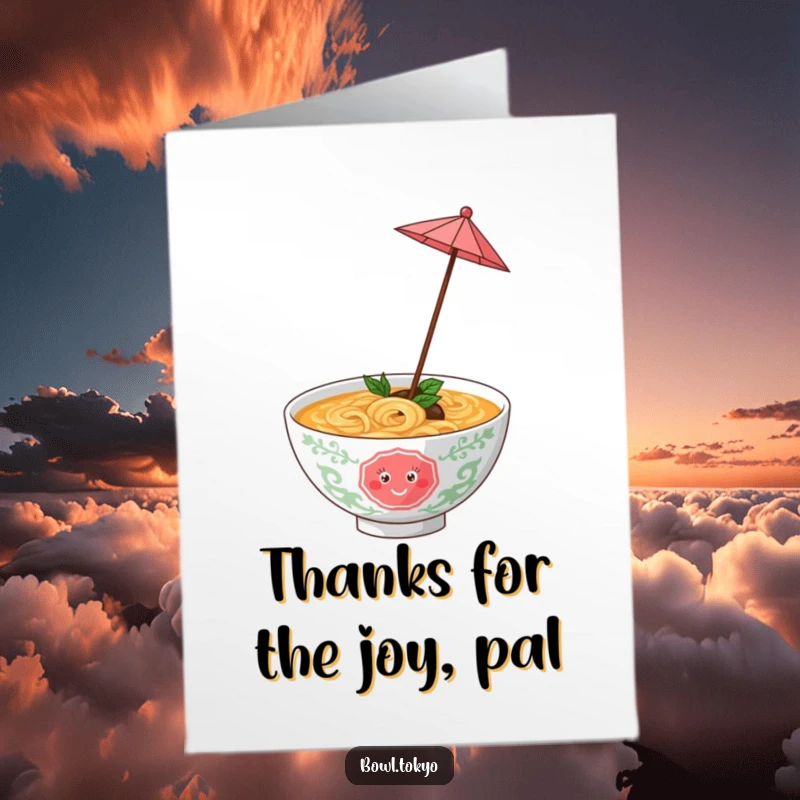 Funny Free Printable Thank You Card: A playful ramen bowl twirling happily with a tiny umbrella.