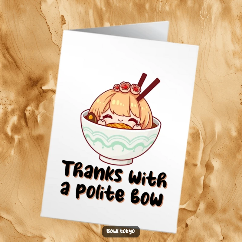 Funny Free Printable Thank You Card: A ramen bowl with an ornate hairpiece, bowing politely.