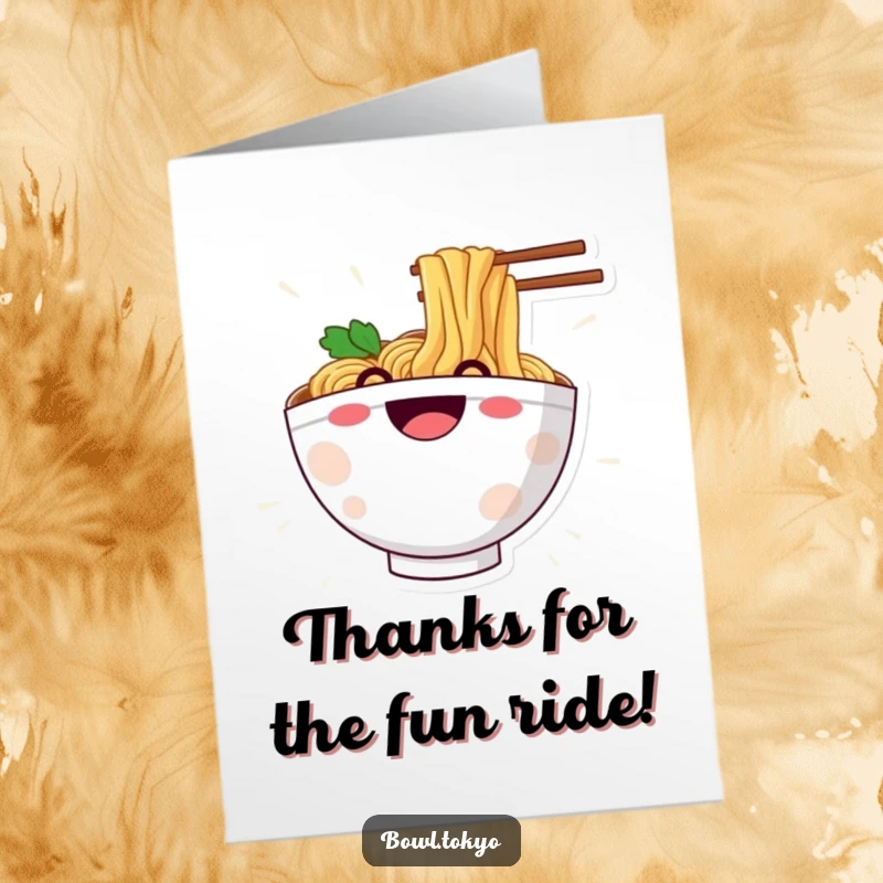 Funny Free Printable Thank You Card: Ramen bowl character with a happy grin, sliding down a noodle to say thanks.