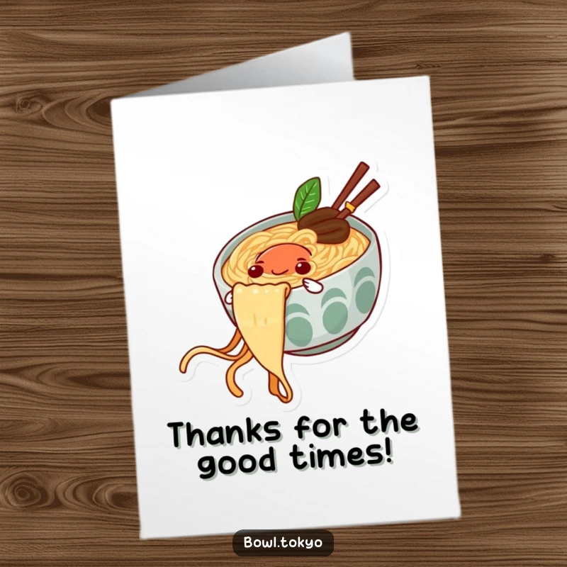 Funny Free Printable Thank You Card featuring a joyful ramen bowl character sliding down a noodle.