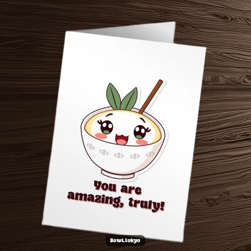 Funny Free Printable Thank You Card: A kawaii ramen bowl with wide surprised eyes looking up in amazement.
