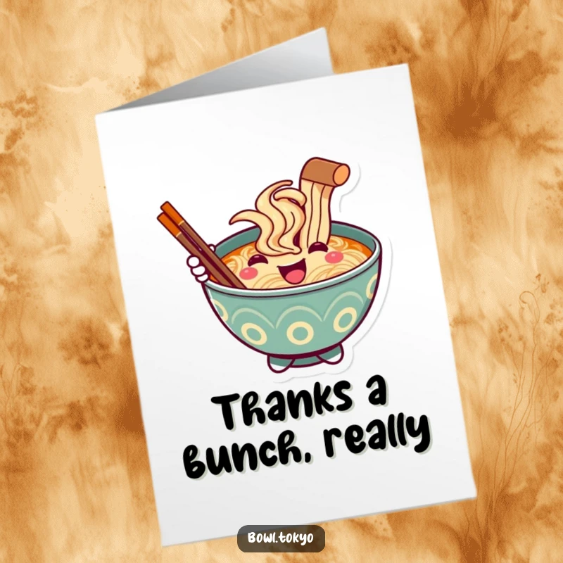 Funny Free Printable Thank You Card: Smiling ramen bowl character offering a chopstick in a gesture of thanks.