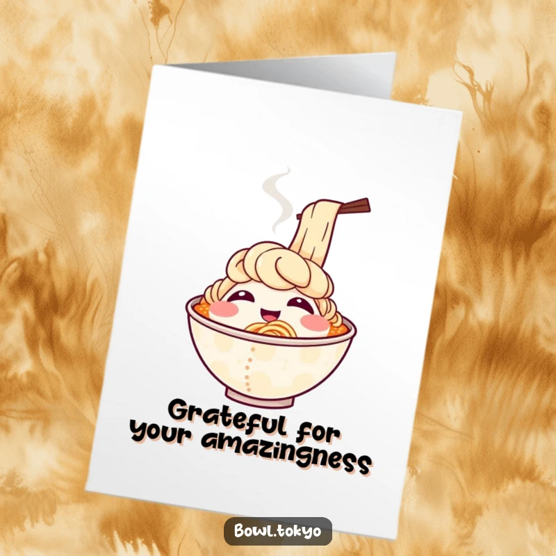 Funny free printable thank you card of a smiling ramen bowl with steam rising like pure laughter, conveying warm appreciation.