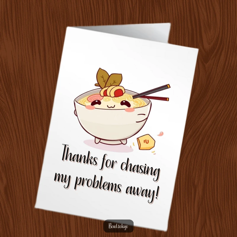 Funny Free Printable Thank You card showing a Kawaii ramen bowl character playfully chasing a runaway piece of nori.