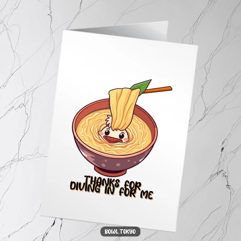 Funny Free Printable Thank You Card: Curious ramen bowl character gazing into a deep, swirling vortex of delicious soup.