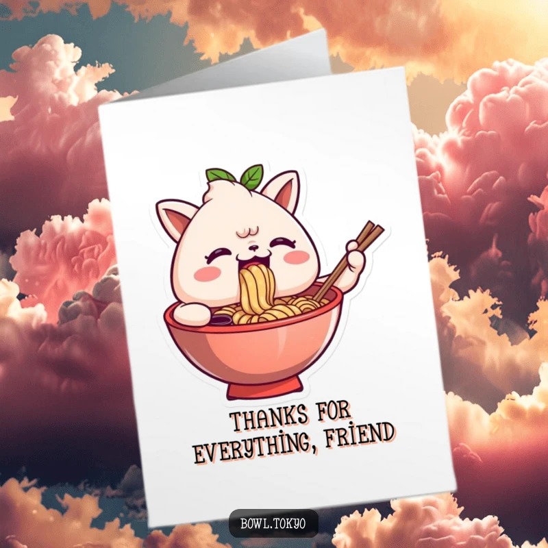 Funny free printable thank you card depicting a ramen bowl character gleefully slurping noodles, expressing immense gratitude comically.