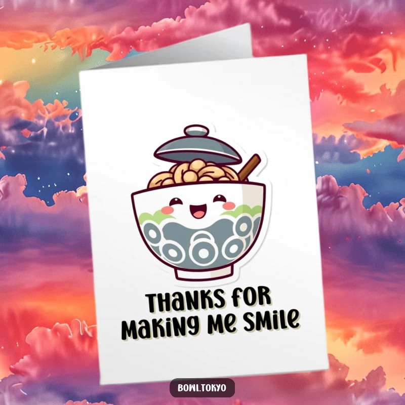 Funny Free Printable Thank You Card: A ramen bowl character with an ajar lid, joyfully peeking out to say thank you.