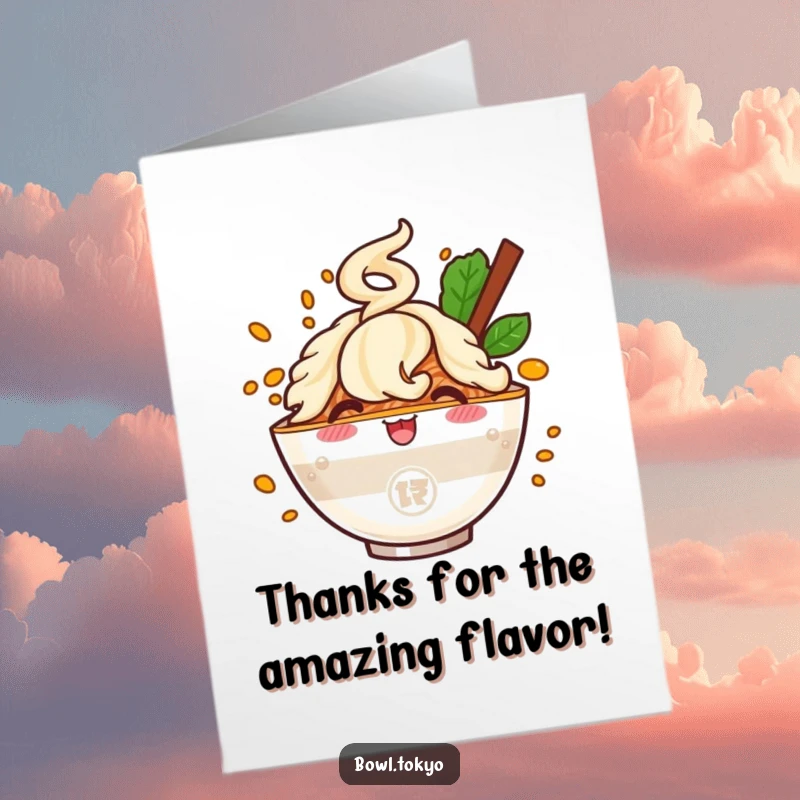 Funny Free Printable Thank You Card: Cheerful ramen bowl character with a flavor cloud, sending a tasty thank you.