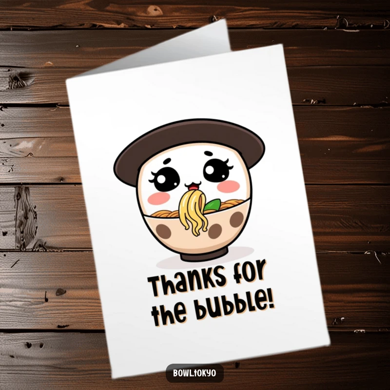 Funny Free Printable Thank You Card: A ramen bowl character with a silly expression blowing a noodle bubble to say thanks.