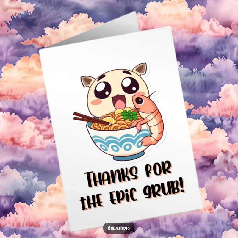 Funny Free Printable Thank You Card: Grateful ramen character enjoying a shrimp feast, expressing big thanks!