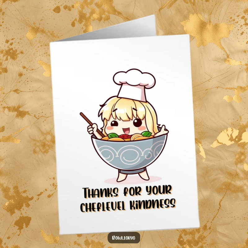 Funny Free Printable Thank You Card: Ramen bowl character in a chef hat poses dramatically to say thanks.
