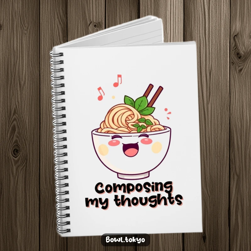 Funny cheerful ramen bowl notebook, featuring a singing noodle character with musical notes, for journaling and songwriting.