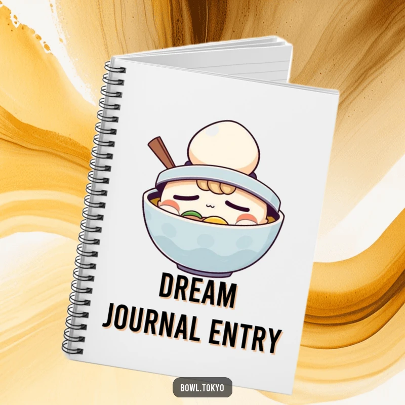 Funny Ramen Notebook: Sleepy ramen bowl character comically wearing a tiny egg as a hat.