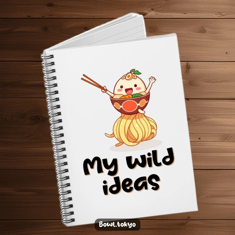 Funny notebook with a happy ramen bowl character bouncing on a giant noodle, perfect for jotting down notes with a playful twist.