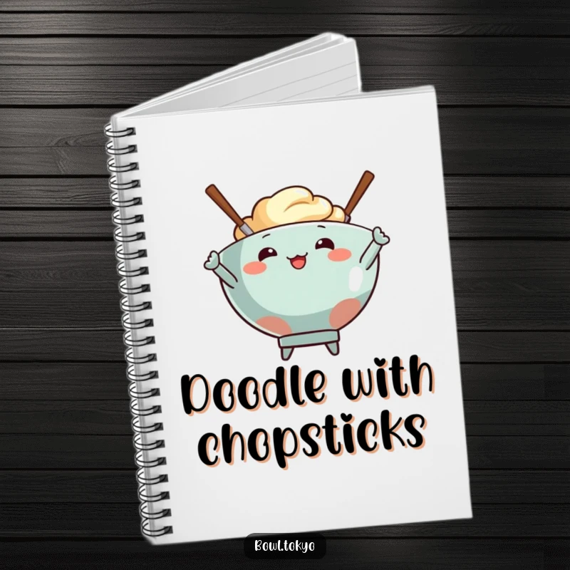 Funny notebook cover with a food bowl character and two energetic chopsticks striking a cool pose.