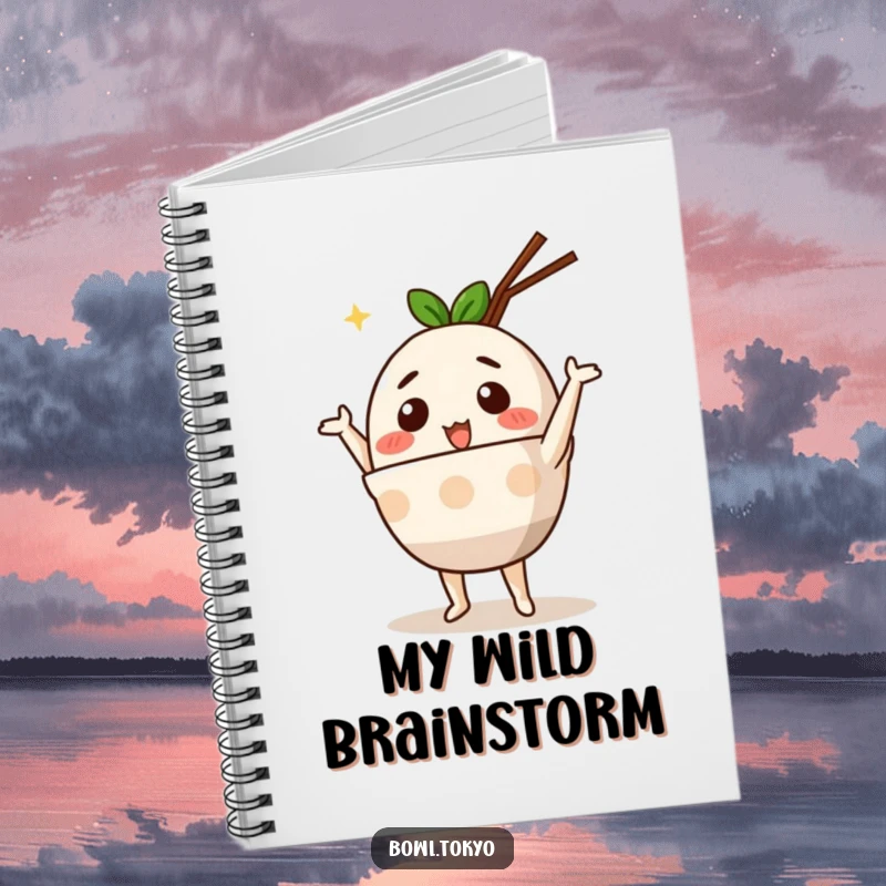 Funny Cute Ramen Bowl Notebook with an anthropomorphic character doing a silly dance, perfect for jotting down ideas with a playful touch.
