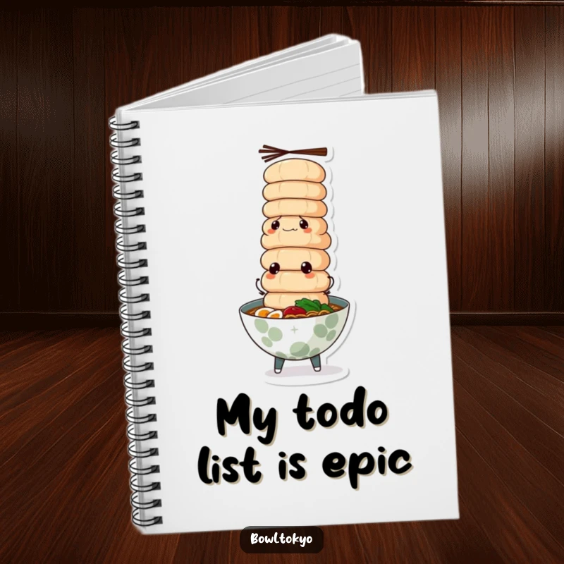 Funny ramen bowl notebook, intensely focused, balancing a tower of fish cakes, ideal for planning culinary triumphs.