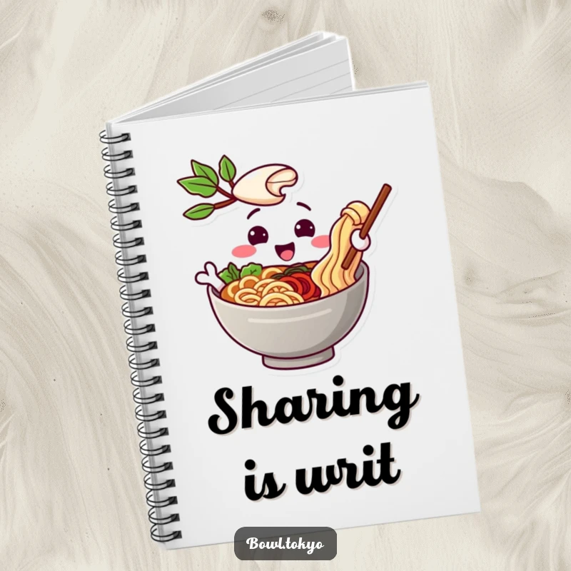 Funny notebook cover with a playful ramen bowl character offering a noodle, inspiring creativity and friendly interactions.