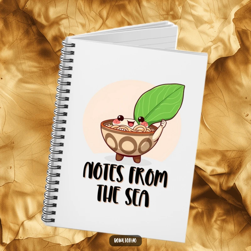 Funny happy ramen bowl notebook character offering a giant shiny nori seaweed leaf, a journal for tasty thoughts.