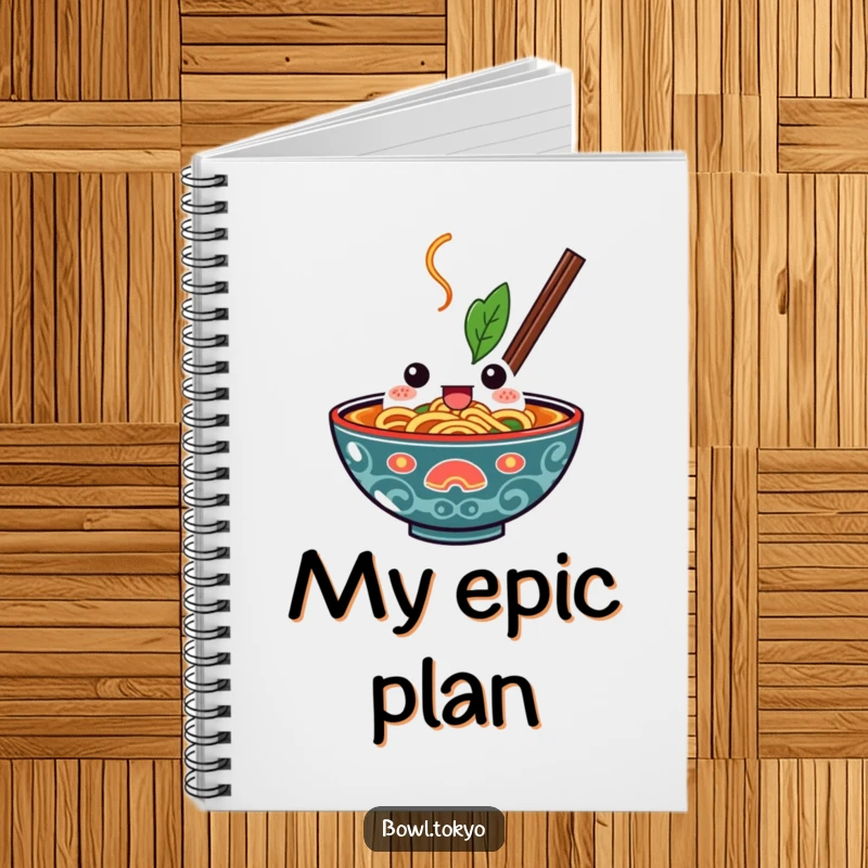 Funny Kawaii Ramen Bowl Notebook with a determined character, perfect for taking notes on ambitions and delicious endeavors.