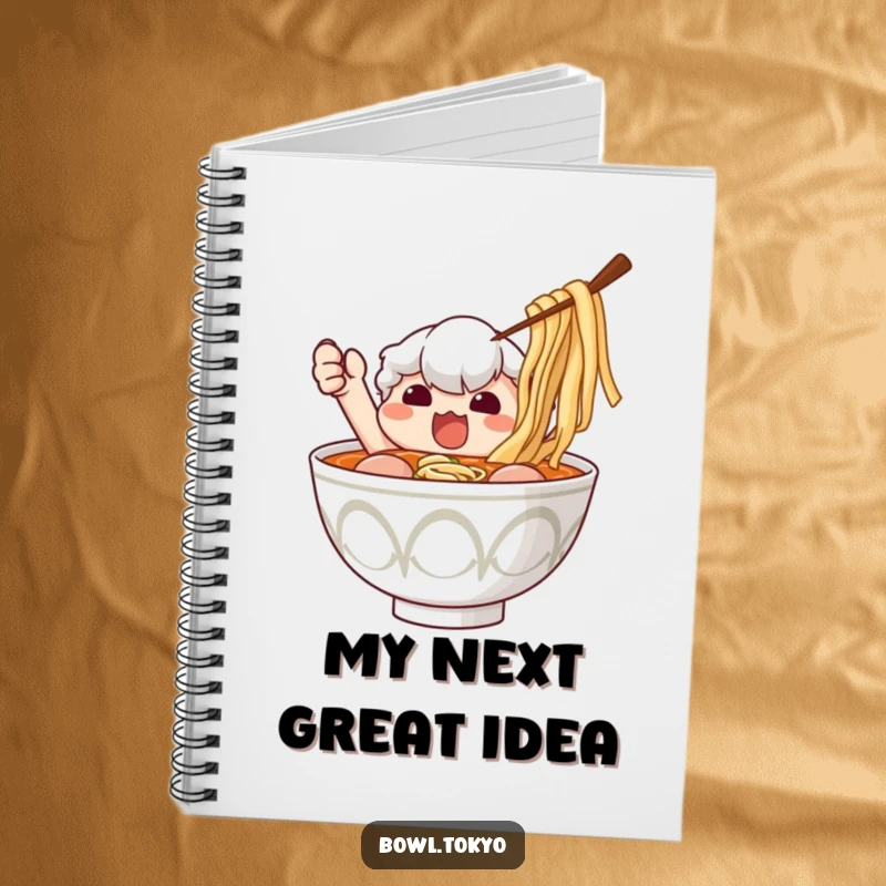 Funny Ramen Notebook: Determined ramen bowl character humorously reaching for a piece of nori seaweed.