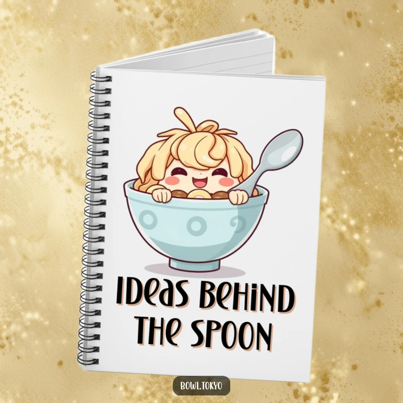 Funny Ramen Bowl Notebook with a mischievous character peeking from behind a spoon, perfect for notes and doodles.