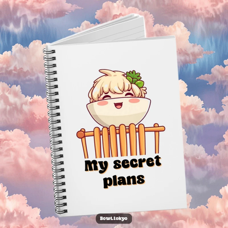 Funny notebook depicting a joyful ramen bowl character peeking over a wall of chopsticks, great for jotting ideas.
