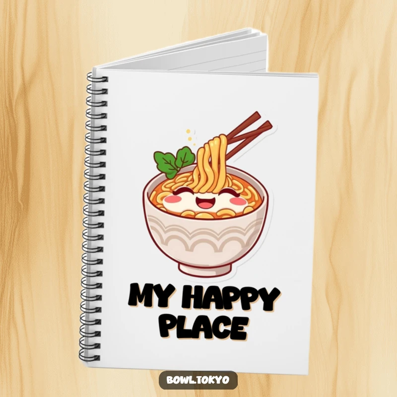 Funny Ramen Notebook: Happy ramen bowl character humorously displaying a contented sigh.