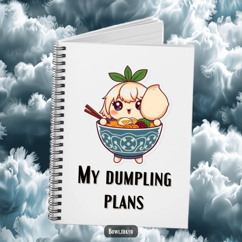 Funny notebook featuring a ramen bowl character with sparkling eyes, holding an oversized dumpling, great for jotting ideas.